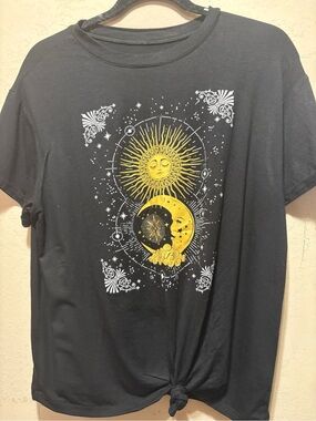 Women’s Black Button-Front Shirt with Yellow Sun & Moon Graphic